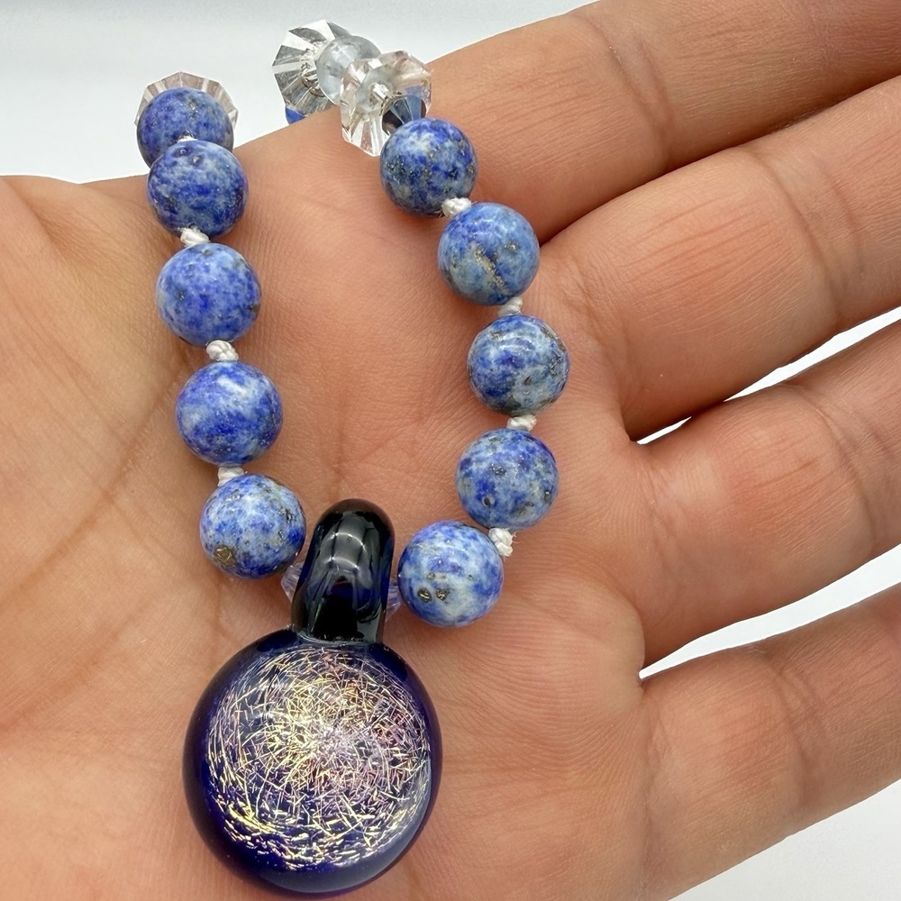 Vtg 925 Lapis Lazuli Necklace Cobalt Blue Dichroic Pendant Crystal Accent Choker